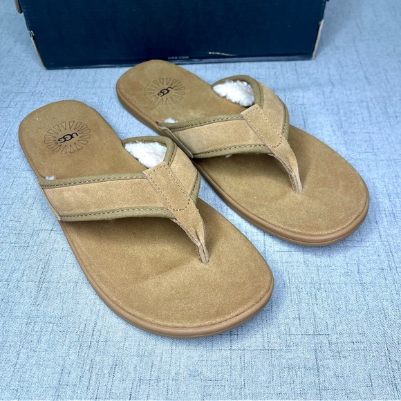 UGG Seaside Suede & Sherpa Flip Flop Sandal Tasmania Tan Sandals Nwt 11 - Picture 8 of 10